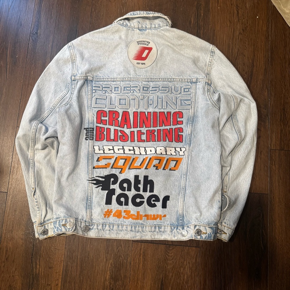 Light Wash Denim Jacket with Red Patch Details - image 5